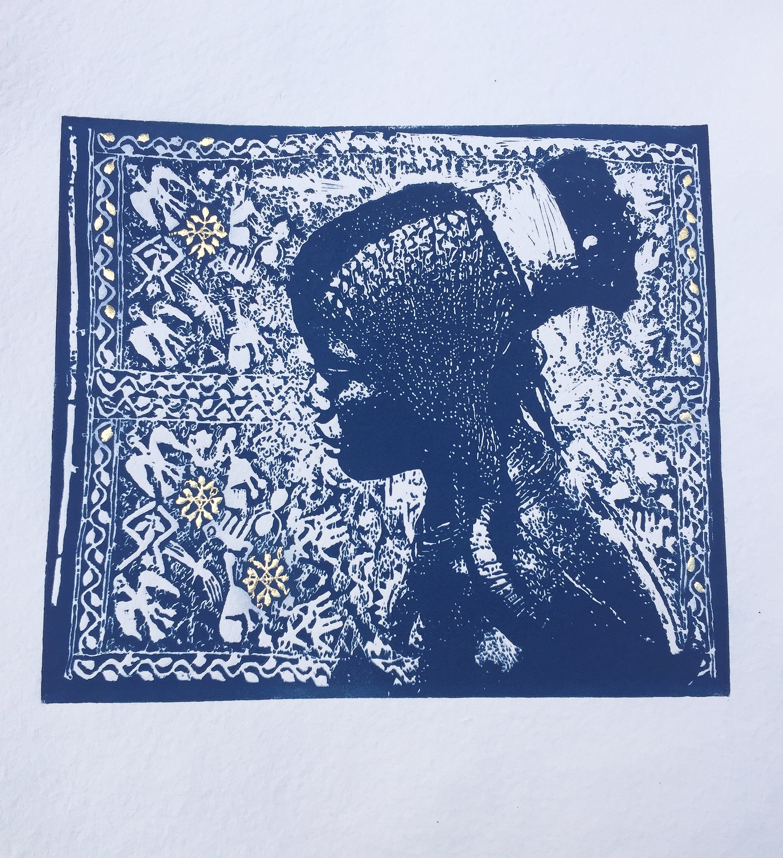 with gold leaf detail Ovambo Woman 420x600mm 0riginal lino print poster on handmade decal edged paper