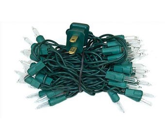 50 Count Light String / Strand / Set - Green Cord - Clear Miniature Light Bulbs - Christmas - WHD-YT021