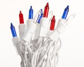 20 Count Light String / Strand / Set - White Cord - Red, Clear, Blue Miniature Light Bulbs - Patriotic USA - WIC-M704352