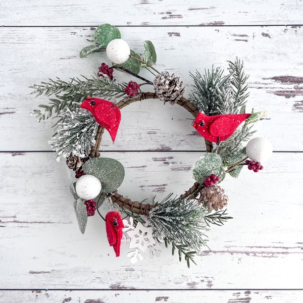Cardinal & Pine Pillar Candle Ring / Mini Wreath 4.5" Inner Diameter - Christmas Winter Snowflake Decor - TTW-FXQ13659CL
