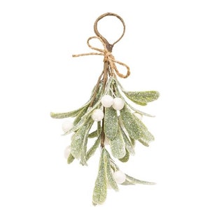 Floral Pick / Bunch - Glittered Mistletoe With Jute Bow - 8&quot; High - Christmas, Winter, Kiss - Floral Arranging - WIC-F17982
