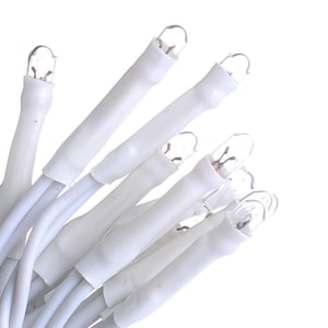 May include: A cluster of white string lights featuring small, clear incandescent bulbs encased in white plastic sockets. Each bulb is connected by a white wire, creating a uniform appearance. The clear glass bulbs have visible internal filaments.