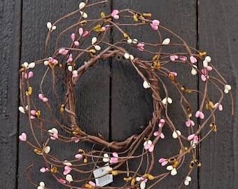 Candle Ring / Mini Wreath - Pip Berry - Blossom - Green, Pink & Ivory - 3.5" Inner Diameter - ISE-ISB13500BM