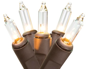 50 Count Light String / Strand / Set - Brown Cord - Clear Miniature Light Bulbs - Christmas - WHD-YT015