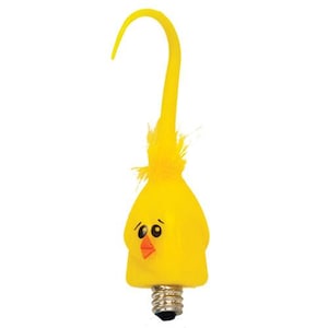 May include: A yellow chick lightbulb cover with a black base and a small orange beak. The chick has black eyes and a fluffy yellow head.