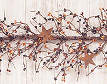 Garland - Pip Berry with Rusty Tin Stars - 40" Long - Primitive  Mix - Black, Orange, Burgundy - Autumn, Fall, Halloween - WIC-FT2979PM