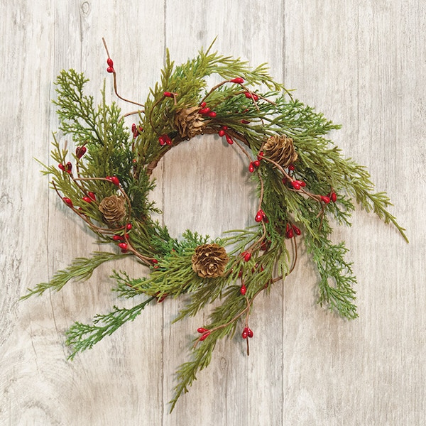 Evergreen Pine w/ Red Pip Berries Candle Ring / Wreath 3.5" Inner Diameter Pine Pinecones Greenery - Christmas Winter - WIC-FISB71705