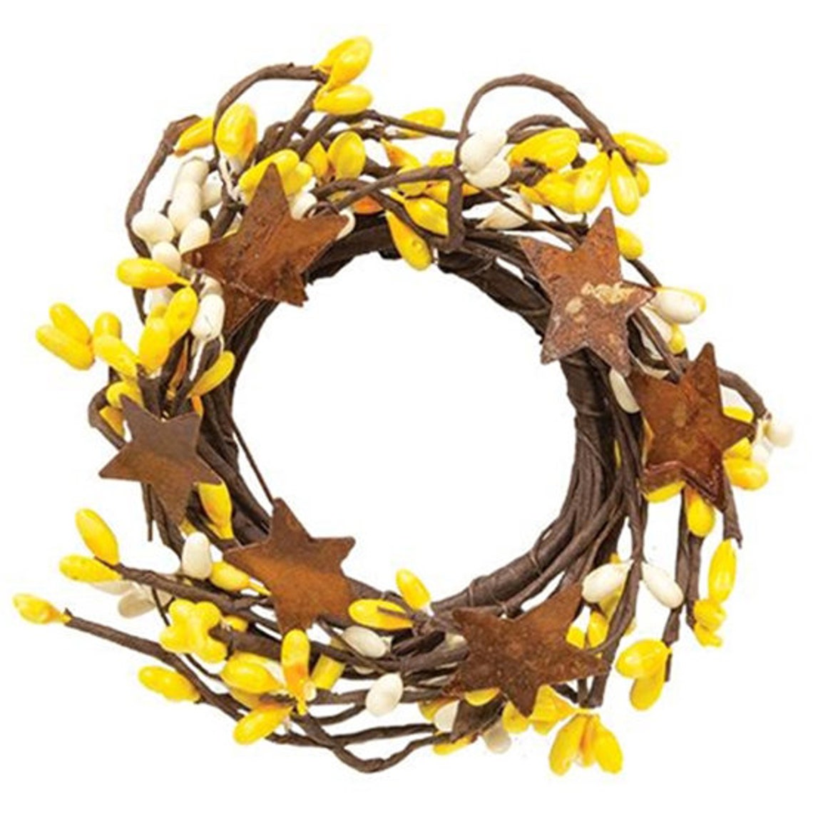 Candle Ring / Napkin Ring - Pip Berry With Rusty Tin Stars - Old Gold