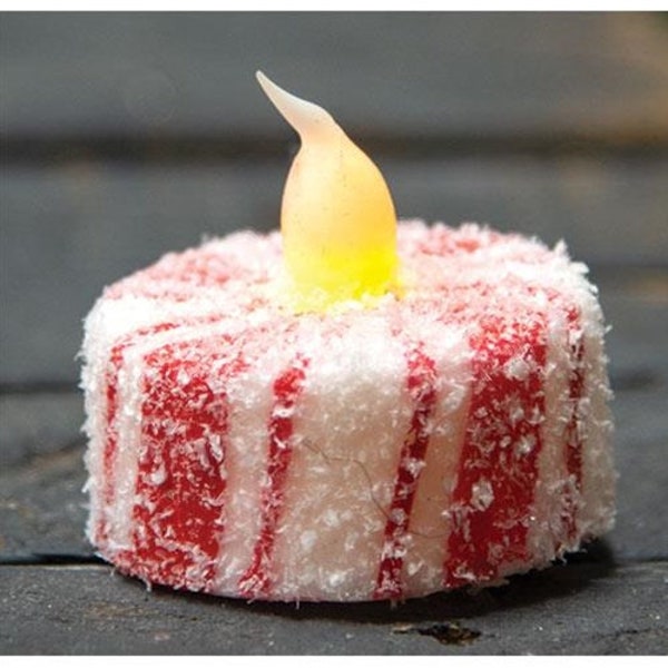 Glittered Candy Cane LED Battery Candle Tealight Timer Feature