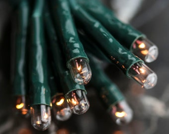 May include: Close-up of a strand of green Christmas lights with clear bulbs that are lit and glowing.