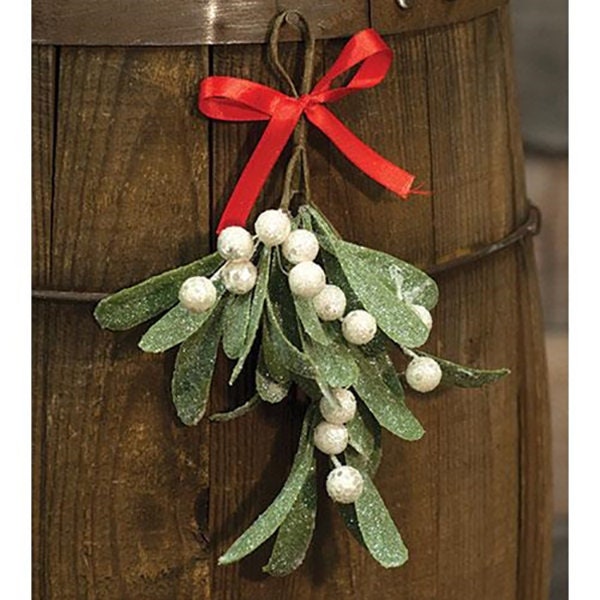 Floral Bunch - Glittered Mistletoe With Red Bow - 8" High - Christmas, Winter, Kiss - Floral Arranging - WIC-F10017