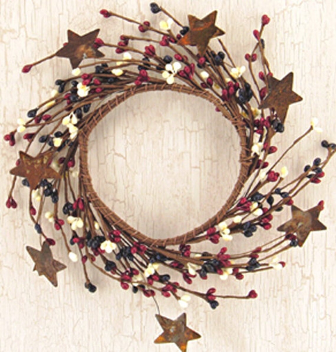 thumbnail image 2 of 4" Diameter Wreath Candle Ring – Pip Berry In Coffee Bean With Rusty Tin Stars 2 of 6