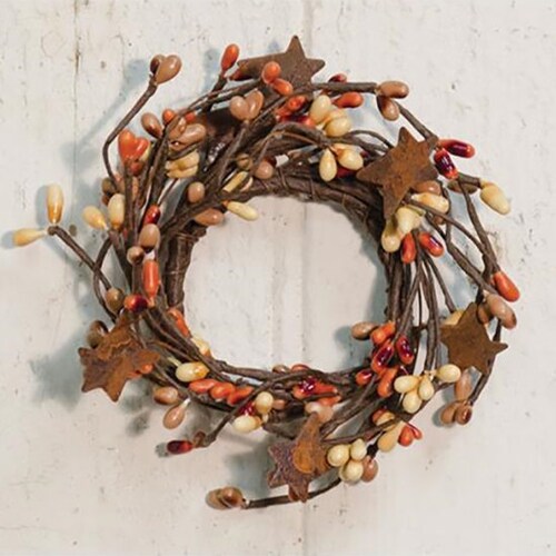 thumbnail image 2 of 4" Diameter Wreath Candle Ring – Pip Berry In Coffee Bean With Rusty Tin Stars 2 of 6