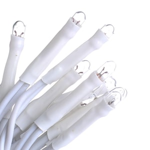 May include: A string of white LED Christmas lights with clear bulbs. The lights are wired together and have a white wire.