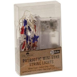 May include: Patriotic mini star string lights in a clear plastic box. The lights feature red, white, and blue star-shaped bulbs on a silver cord. The packaging includes the text "20 Bulb" and "Patriotic Mini Star String Lights". The lighted length is 6.3 ft.
