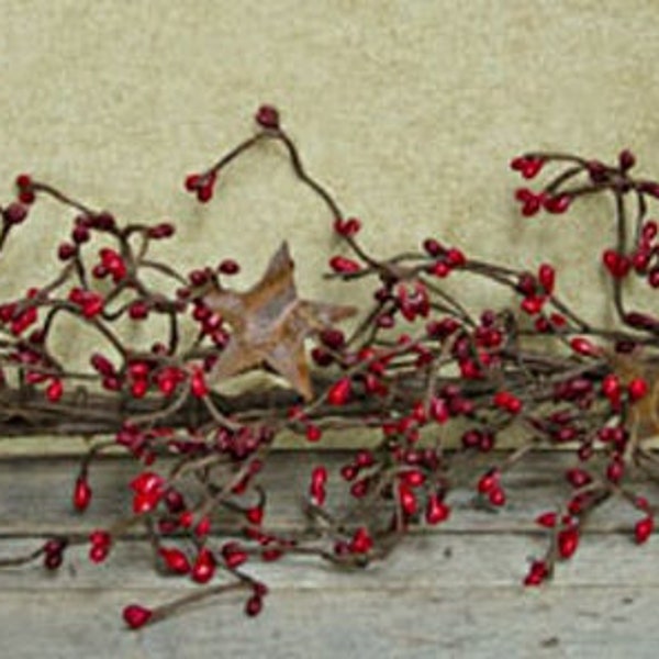 Garland - Pip Berry with Rusty Tin Stars - 40" Long - Red & Burgundy - Christmas, Patriotic - WIC-FT2979RB