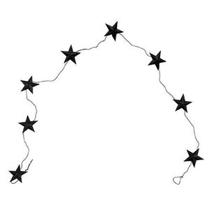 May include: A black star garland with nine stars connected by a thin wire. The garland is shaped like an arch.
