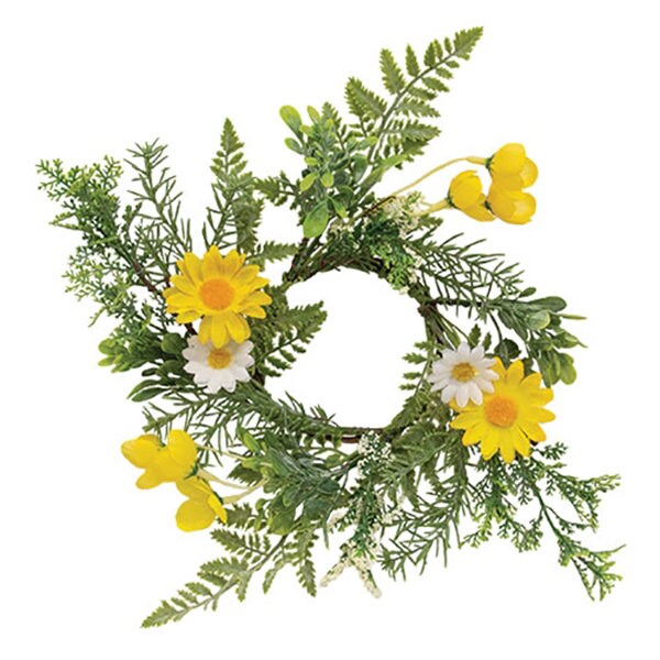 Yellow & White Daisy With Ferns Candle Ring/Wreath 3" Inner Diameter - Spring, Summer, Easter Floral WIC-FT31163