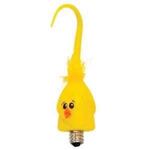 May include: A yellow novelty light bulb shaped like a chick with a curved top, featuring a small tuft of yellow feathers, printed black eyes, and an orange beak. The base is a standard metal screw-in connector for a light fixture socket.