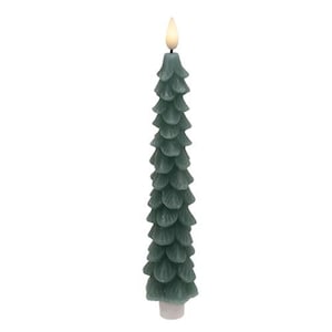 May include: A green, tree-shaped candle with a white base and a flickering, yellow flame at the top. The candle is designed to resemble a Christmas tree, with layered, textured branches. The candle is approximately 10 inches tall.