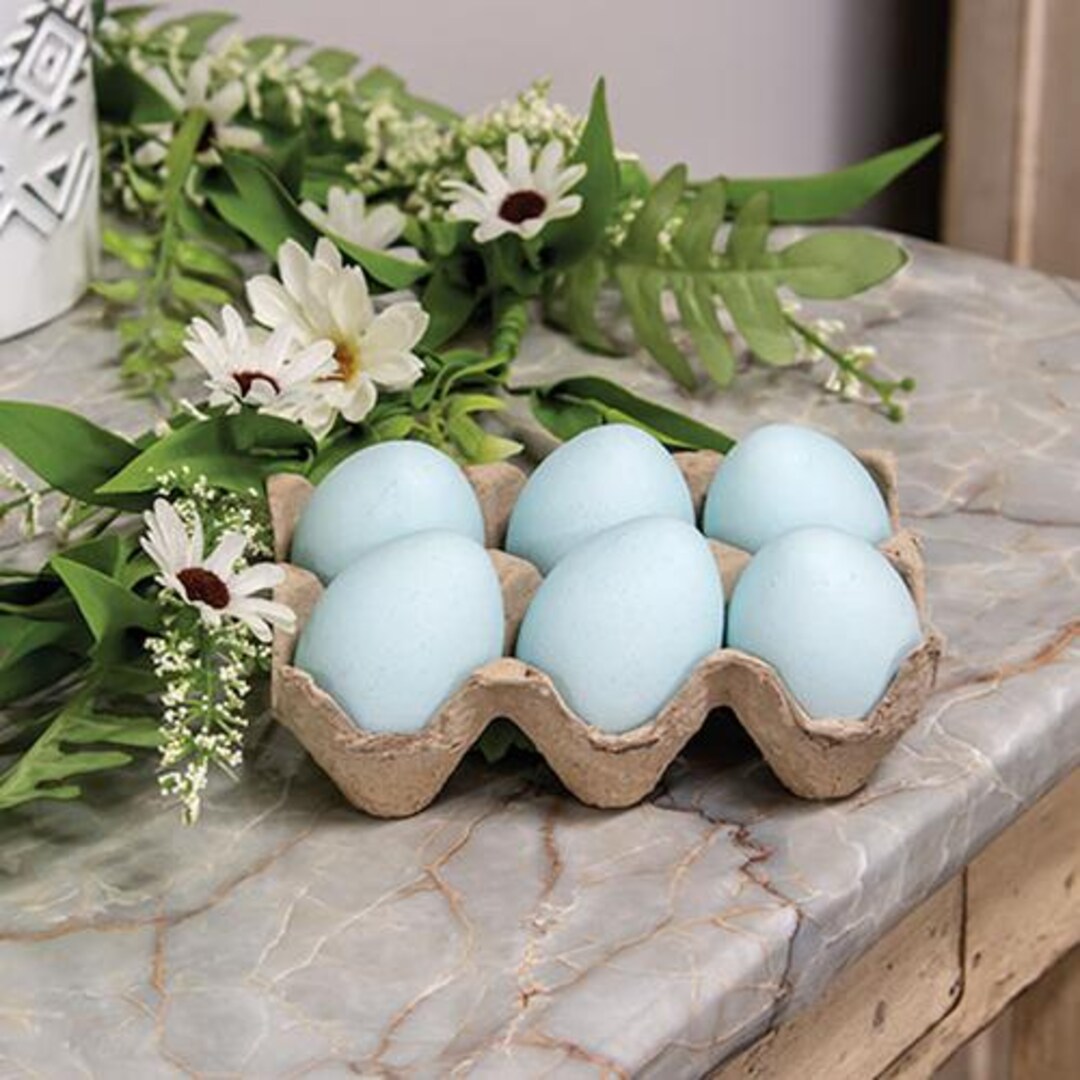 Pastel Blue Faux Eggs With Crate - Set of 6 - Spring, Easter, Kitchen