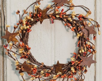 Candle Ring / Mini Wreath - Pip Berry with Rusty Tin Stars - Pumpkin Spice - Orange, Gold - 4" Inner Diameter - Autumn - WIC-FT1038PS