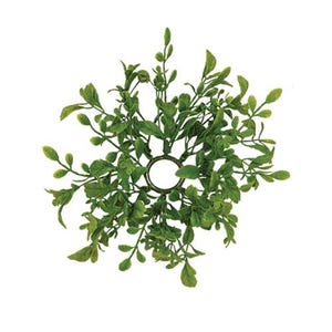 May include: A green artificial greenery wreath with a metal ring in the center. The wreath is perfect for adding a touch of nature to your home decor.