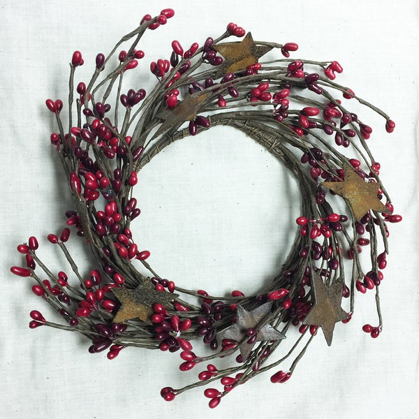 Candle Ring / Mini Wreath - Pip Berry with Rusty Tin Stars - Red & Burgundy - 4" Inner Diameter - WIC-FT1038RB