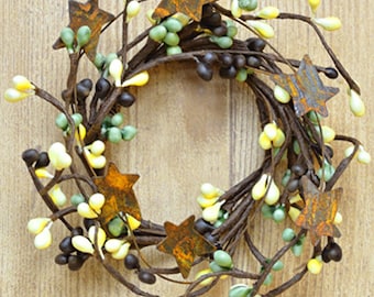 Candle Ring / Napkin Ring - Pip Berry with Rusty Tin Stars - Coffee Bean - Brown, Green, Yellow - 2" Inner Diameter - WIC-FT1039CB