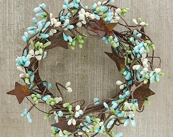 Candle Ring / Mini Wreath - Pip Berry with Rusty Tin Stars - Seabreeze - Blue, Green, Ivory - 4" Inner Diameter - WIC-FT1038SB