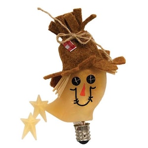 May include: A decorative light bulb shaped like a scarecrow face, featuring a brown felt hat with a twine bow and a small red and white checkered tag. The face has black button eyes, a stitched mouth, and a triangular nose, with two pale stars attached.