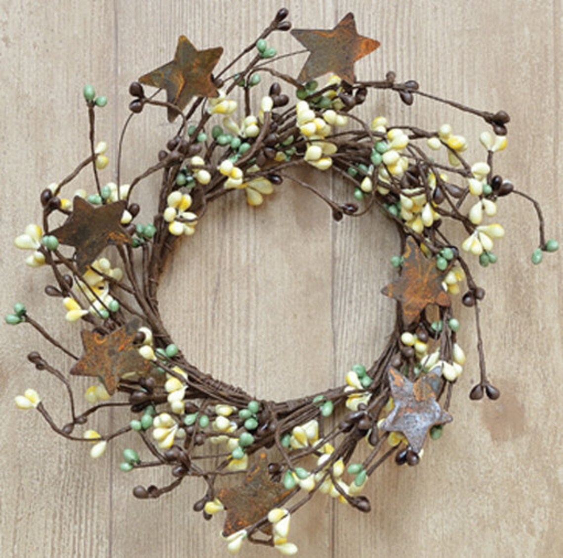 thumbnail image 2 of 4" Diameter Candle Ring / Mini Wreath - Pip Berry In Red & Burgundy With Rusty Tin Stars 2 of 6