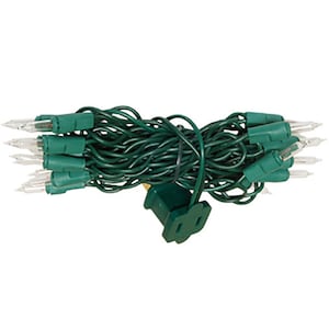 May include: A string of clear Christmas lights with green wire and a plug. The lights are coiled up and ready to be hung.