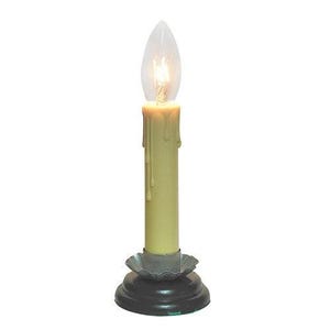 May include: A battery-operated electric candle lamp featuring a cream-colored pillar with simulated wax drips. The candle is topped with a clear flame-shaped bulb and sits in a dark gray metal base with a scalloped edge detail at the bottom.