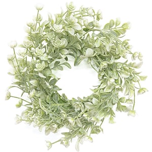 May include: A green and white artificial floral wreath with small white flowers and green leaves. The wreath is perfect for adding a touch of spring to your home decor.