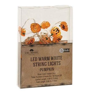 May include: A set of 15 LED warm white pumpkin string lights with a silver cord in clear packaging. The box features the text Col House Designs, 15 Bulb, LED Warm White String Lights -Pumpkin-, Silver Cord, Indoor Only, and 4.66 ft. length.