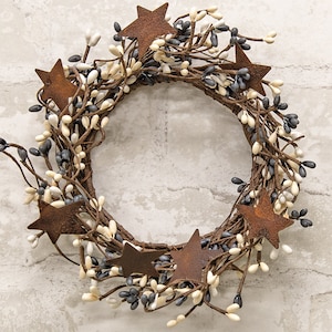 Candle Ring / Mini Wreath - Pip Berry with Rusty Tin Stars - Farmhouse - Gray & Ivory - 4&quot; Inner Diameter - WIC-FT1038FH