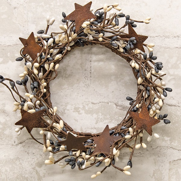 Candle Ring / Mini Wreath - Pip Berry with Rusty Tin Stars - Farmhouse - Gray & Ivory - 4" Inner Diameter - WIC-FT1038FH
