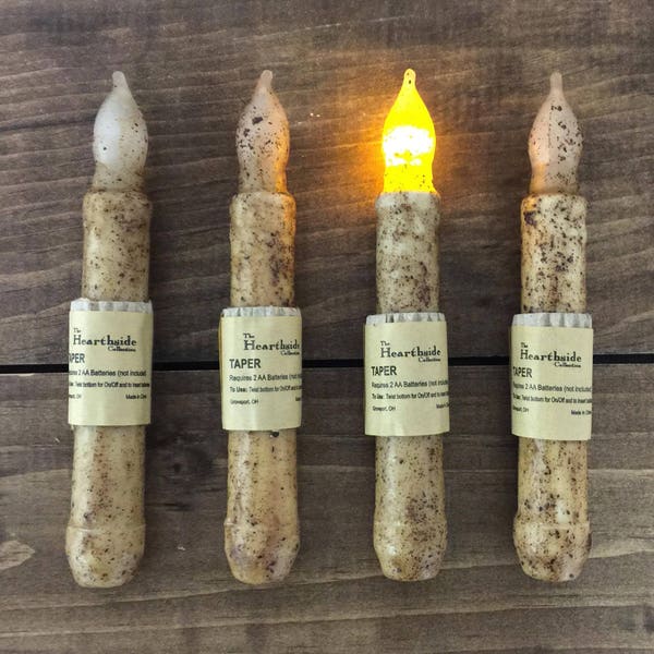 LED Flicker Light Battery Powered Taper Candle Sets - 6 - 6.5" High - Grungy Burnt Ivory, Flameless, Primitive Country Decor, WIC-G84001