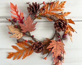 Maple & Oak Leaves Candle Ring / Wreath 4.5" Inner Diameter - Autumn Fall Candle Ring Decor, Halloween Candle Ring - TTW-FFQ13675CL