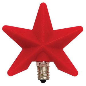 May include: A bright red, five-pointed star-shaped light bulb. The star is made of a textured material and has a standard light bulb base. The bulb is clear and visible at the base of the star.