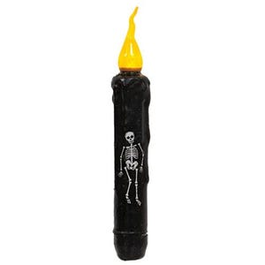 May include: Black Halloween candle with a flickering yellow flame. The candle has a textured surface and a white skeleton graphic. A spooky decoration for Halloween.