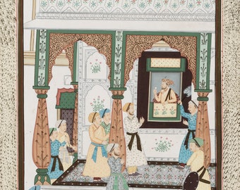 19th-century Indian school. "Courtesan scene". Gouache on fabric