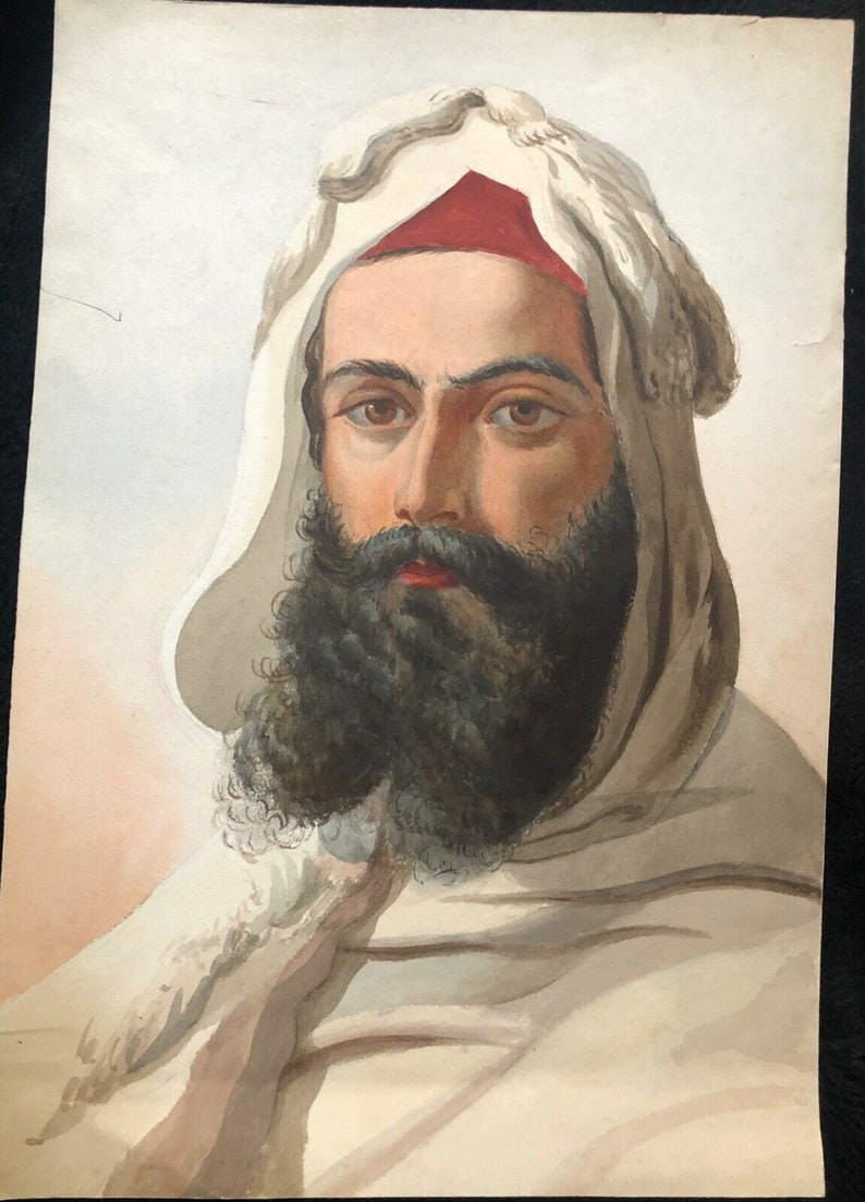 Ancient Orientalist watercolor. Portrait of Man image 3