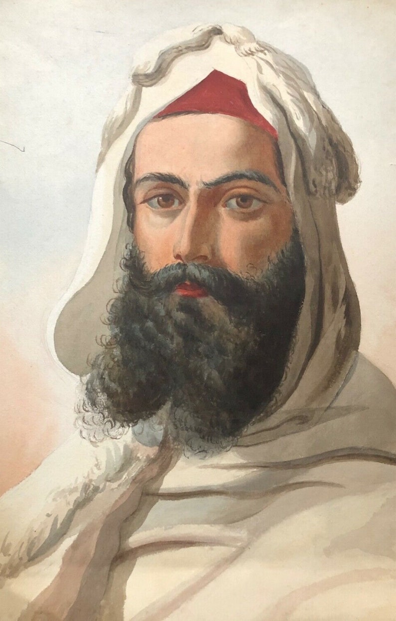 Ancient Orientalist watercolor. Portrait of Man image 1