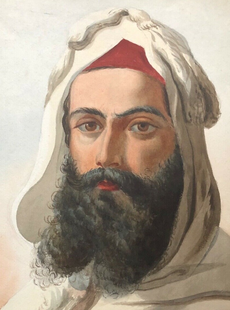Ancient Orientalist watercolor. Portrait of Man image 2