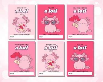Kawaii Axolotl Valentine Cards | Kids Classroom Treat Tags (Printable Download)