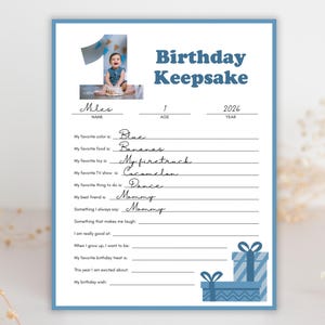 Ricordo del colloquio di compleanno, pagina del questionario annuale, scatola dei ricordi, modello Canva stampabile e modificabile, download digitale