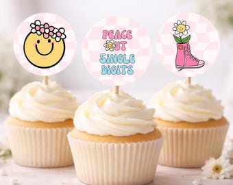 Peace out Single Digits, 10th Birthday Party Cupcake Toppers, Pink Blue Groovy Party Decor, Cupcake Picks, Printable Instant Download