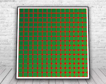 Optical Art Print Download | Red Green Geometric Wall Art | Square Circle Op Art | Vasarely Style Digital Artwork